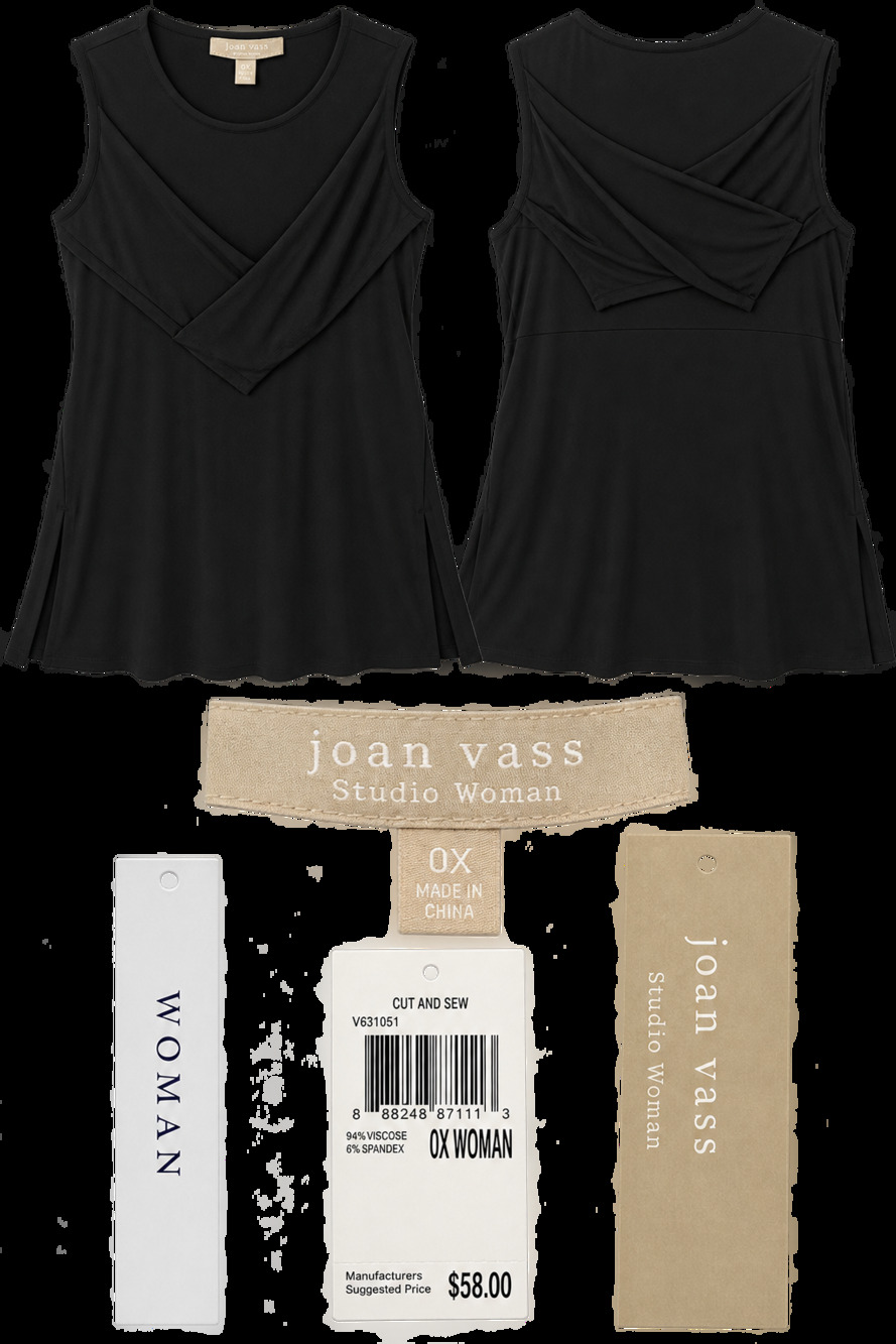 Joan Vass Studio Woman Black 0X Sleeveless Cross Front Tunic Top